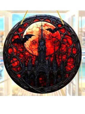 Gothic Castle Bats Suncatcher Goth Halloween Haunted House Scary In/Outdoor